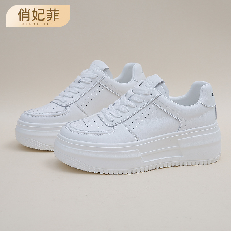 Genuine Leather Thick-Soled White Shoes for Women 2025 Spring New Inner Heightening Breathable Versatile Casual Women's Shoes Lace-Up Sneakers for Women