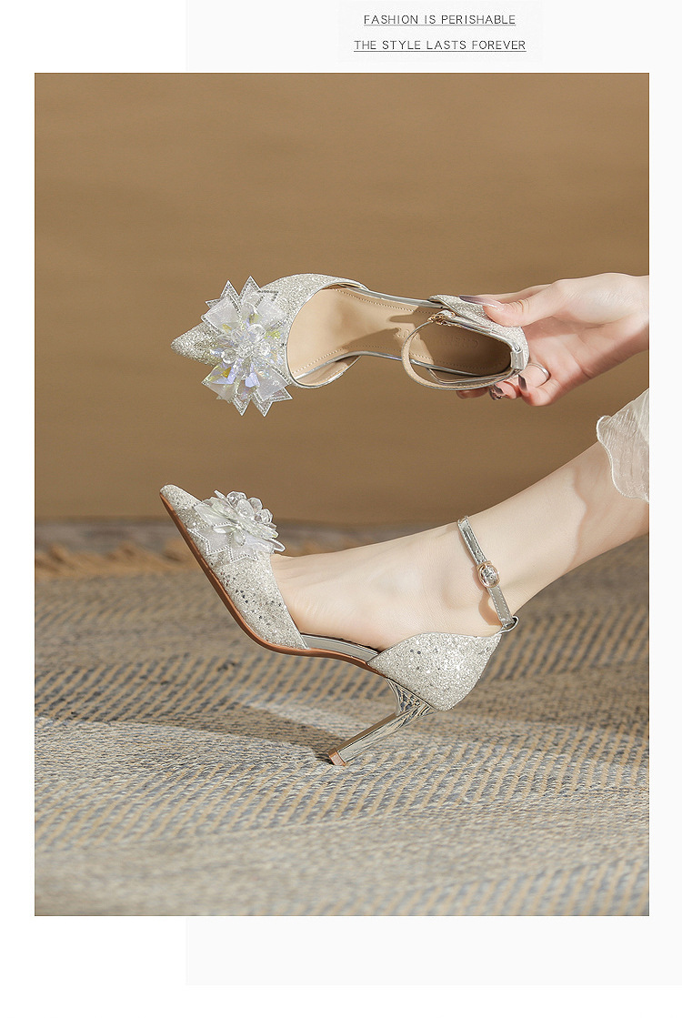 Giày sandal cao gót nữ quai ngang mũi nhọn bạc — Màu bạc chi tiết 15