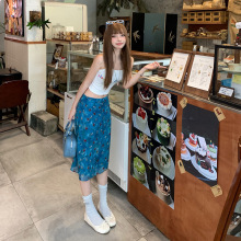 复古低腰蓝色花卉半身裙辣妹包臀碎花中裙洋气雪纺气质短裙