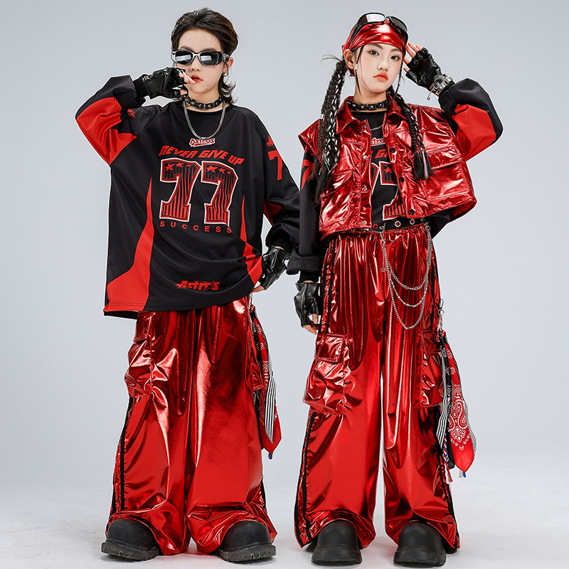Children's Hip-Hop Clothing Hip-Hop Boys' Red Bright Leather Kidsren's Performance Clothing Suit Girls' Catwalk New Year's Day Performance Clothing
