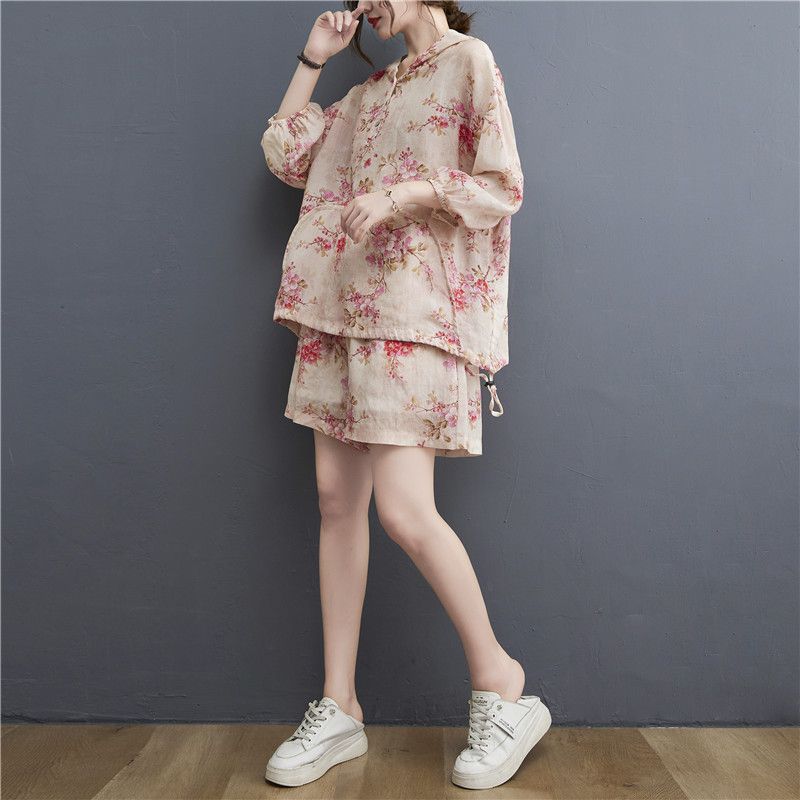 (2개) 플러스 사이즈 여성 의류 통통한 자매 인쇄 라미 반바지 투피스 세트 여성 후드 세븐 슬리브 얇은 탑 세트 여성 여름