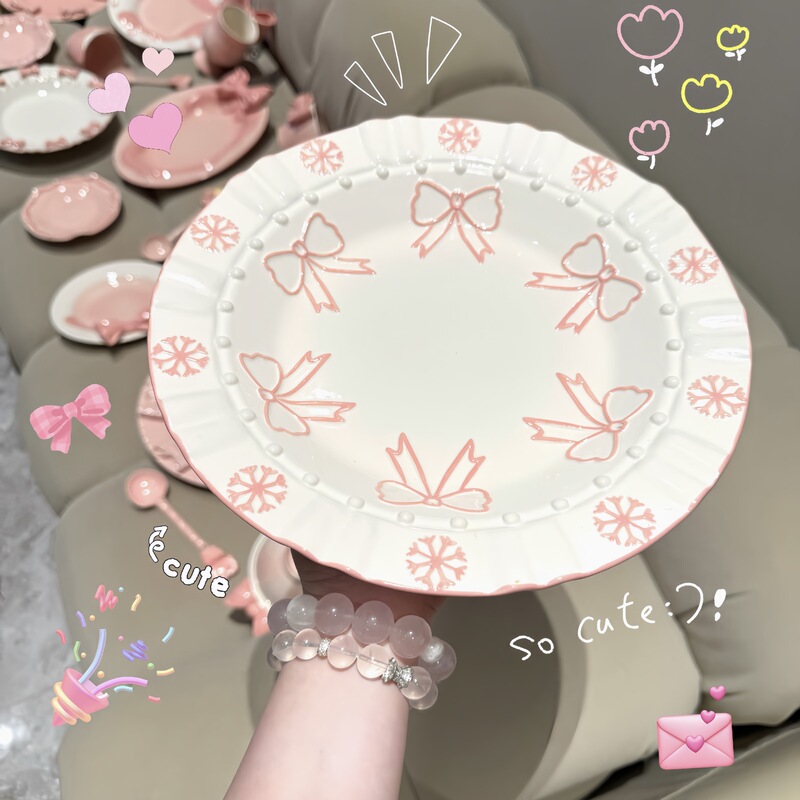 小公主 蝴蝶结餐具套装陶瓷盘子家用饭碗甜品水果盘早餐盘ins可爱|undefined
