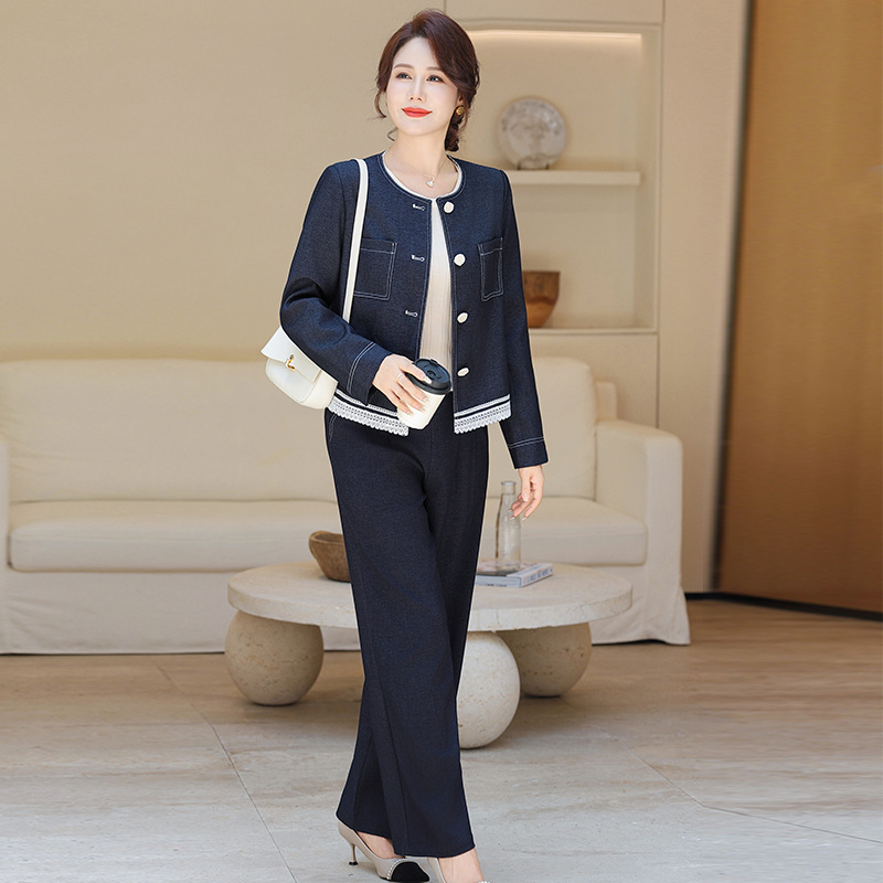 妈妈装秋春冬季两件套2025新款洋气圆领外套中年修身减龄百塔套装