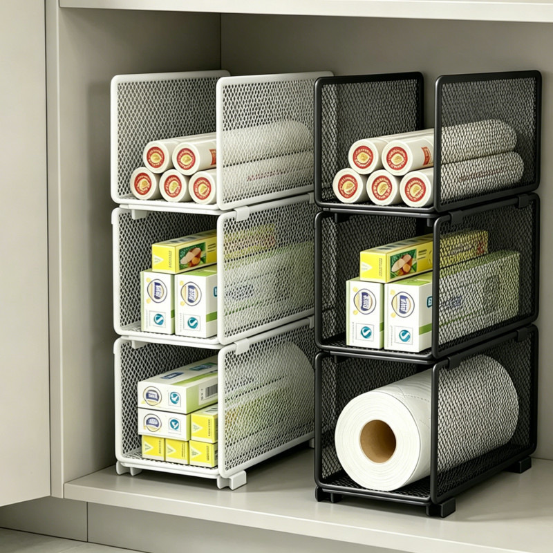 Multifunctional Kitchen Storage Rack, Layered and Stackable, for Storing Paper Rolls and Disposable Cling Film in the Cabinet