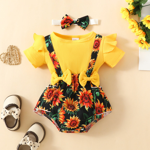 2024 foreign trade summer baby short sleeve flower triangle dress 0-1 year old baby girl false strap sun flower fly sleeve dress