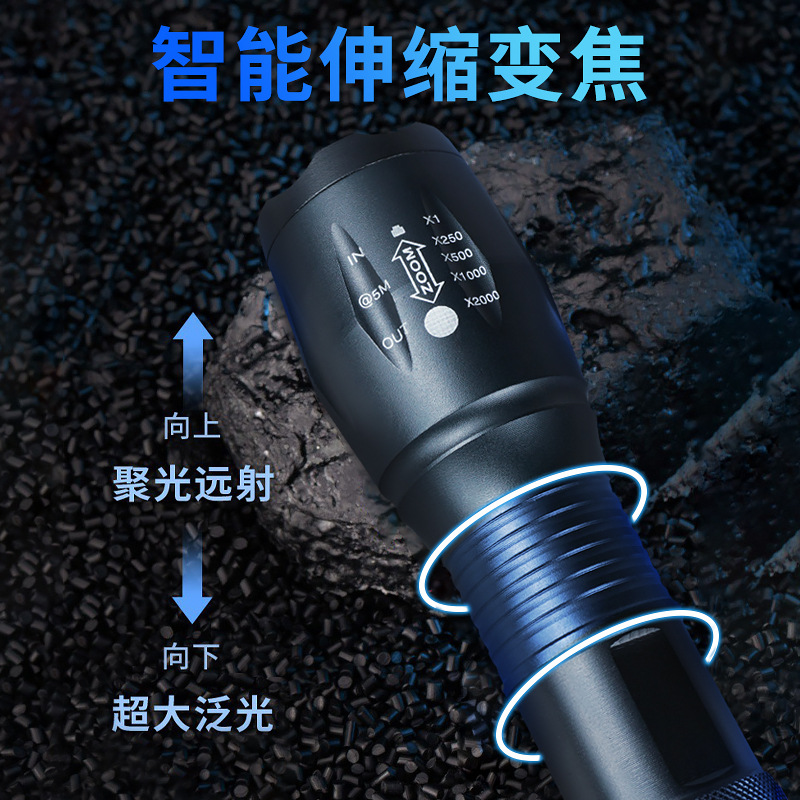 Transfronterizos al aire libre T6 telescópico zoom brillante antorcha de aleación de aluminio impermeable al aire libre corriendo por la noche ciclismo patrulla luz del reflector
