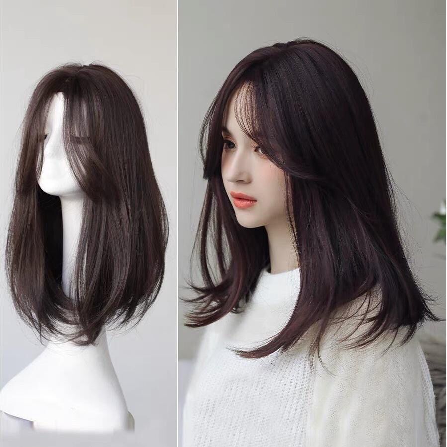Amazon New Fashion Wig Medium Length Straight Hair Center Parting Inward Curls V Shaped Bangs Synthetic Clip-in for Daily Use_voghion.com