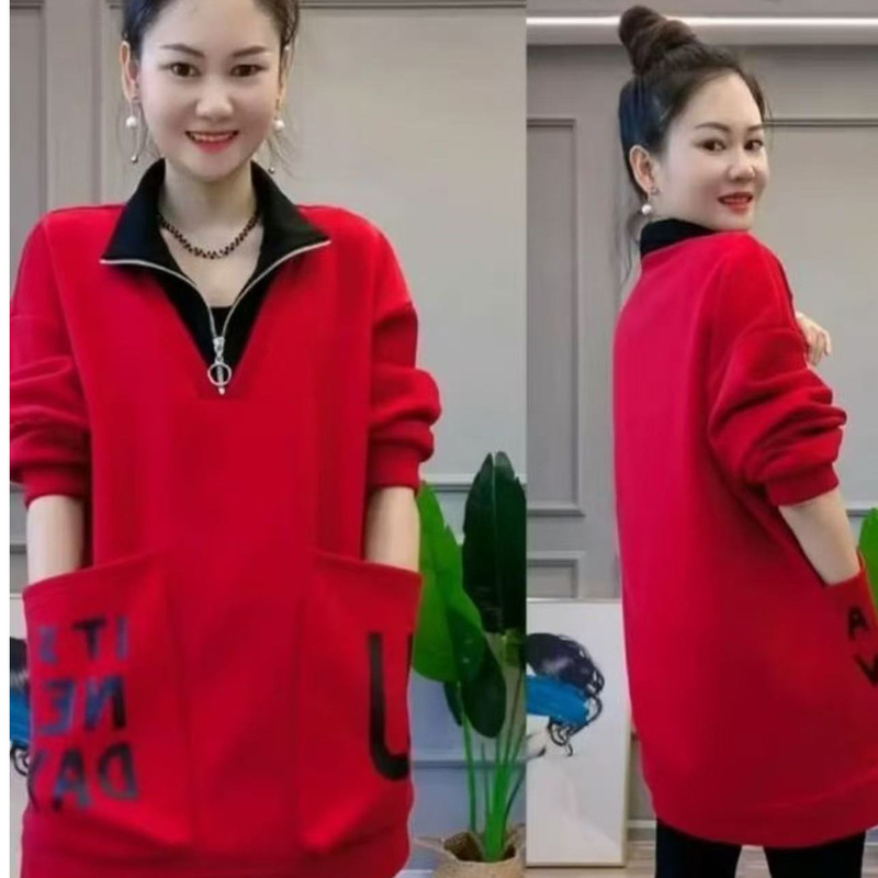 2025 Autumn and Winter New Style Velvet Thickeneded Stand-Up Collar Design Mid-Length Outer Top with Large Pockets to Reduce Age and Slimming Look Sweatshirt 2025 Autumn and Winter New Style Velvet Thickeneded Stand-Up Collar Design Mid-Length Outer Top with Large Pockets to Reduce Age and Slimming Look Sweatshirt