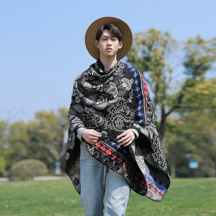 Retro Cashew Hooded Cloak Shawl for Men, Xinjiang and Xizang Travel Photo Wear, Warm Large Cloak for Women