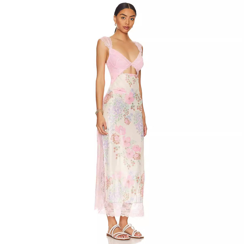 2023 Summer New Amazon Aliexpress Pink Gentle Lace Shoulder Strap Spliced Slit Long Dress Women's Clothing 2023 Summer New Amazon Aliexpress Pink Gentle Lace Shoulder Strap Spliced Slit Long Dress Women's Clothing