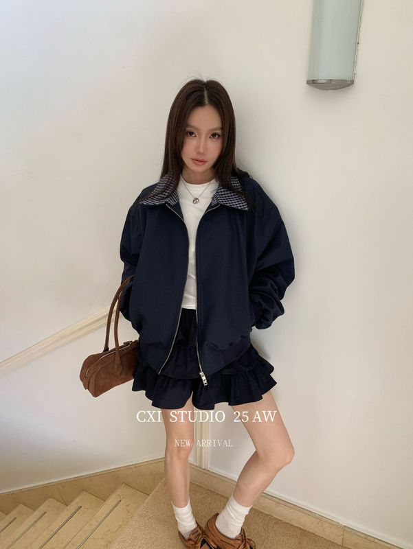 CXI 格纹百搭工装夹克女秋季流行美式格子上衣休闲宽松撞色外套|undefined