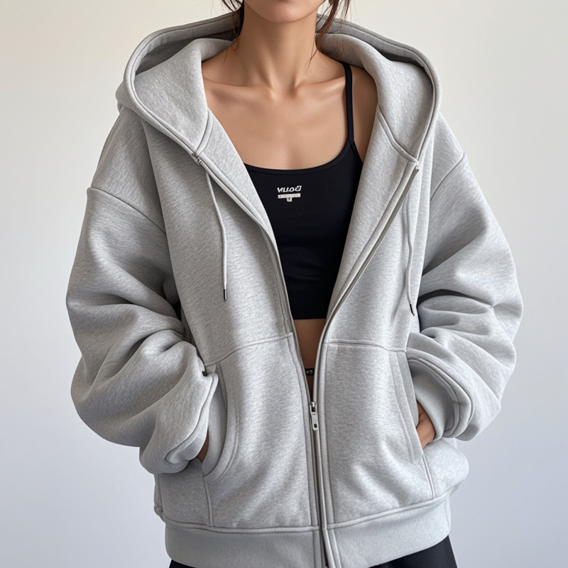 Heavy fleece-lined Thickened Hooded Cardigan Sweater Men's Women's Autumn and Winter New Solid Color Zipper Jacket