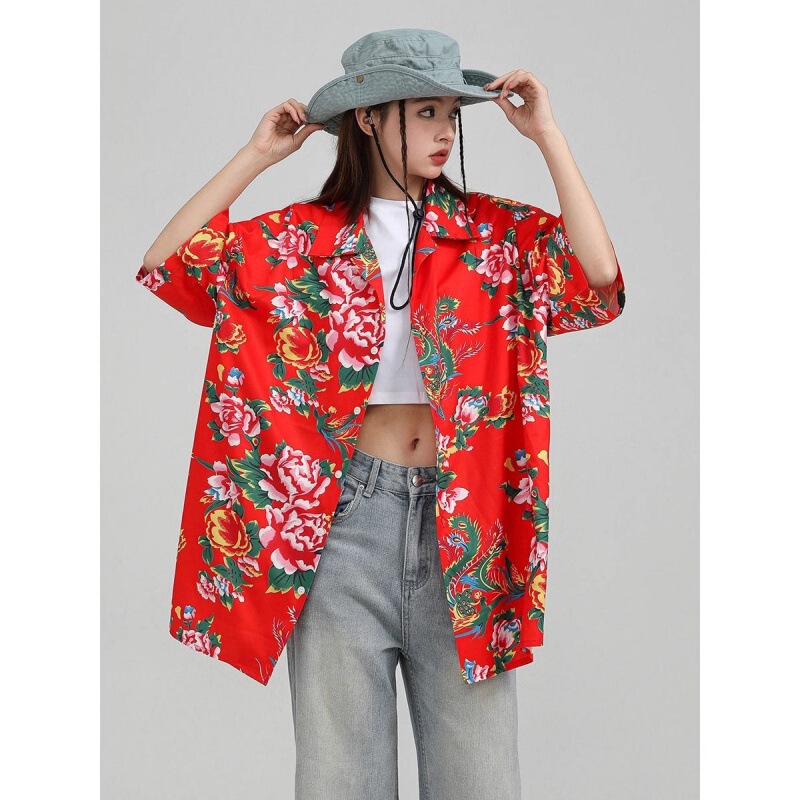 New Chinese Style Northeast Big Flower Shirt Women's Summer Thin Short Sleeve Top This Year's Popular Chic Super Nice Shirt