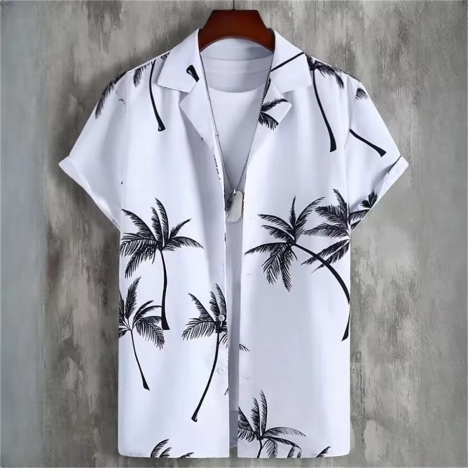 Camisa hawaiana de solapa de un solo pecho de manga corta suelta para hombre, estampado geométrico simple en color de contraste 3D