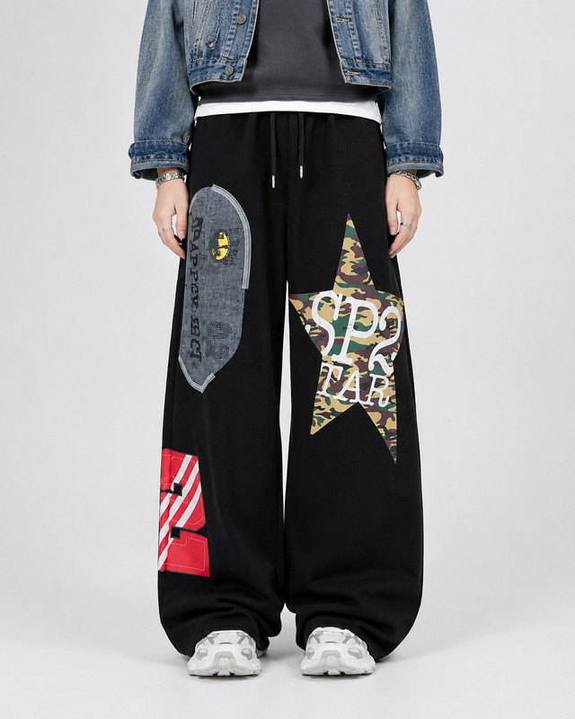 American retro color-block printed wide-leg casual unisex streetwear black loose-fitting relaxed straight-leg long pants American retro color-block printed wide-leg casual unisex streetwear black loose-fitting relaxed straight-leg long pants