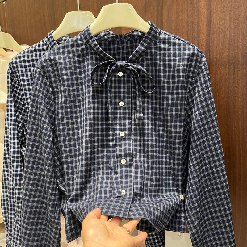 European-Style Plaid Shirt for Women, 2026 Spring New Model, Bow Tie Collar, Long-Sleeve Versatile Slim-Fit Top, Trendy