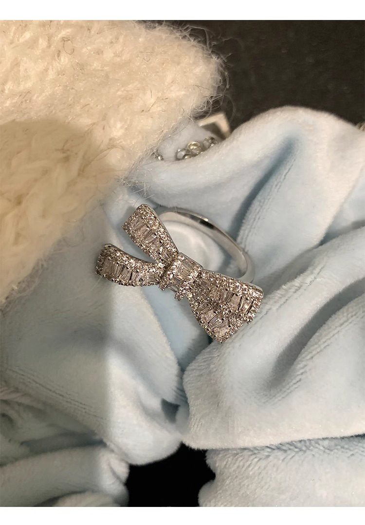 Sterling Silver Bowknot Zircon Ring For Women Adjustable Designer_voghion.com