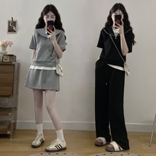 大码休闲运动套装女夏季微胖mm时尚假两件上衣半身短裙裤子两件套