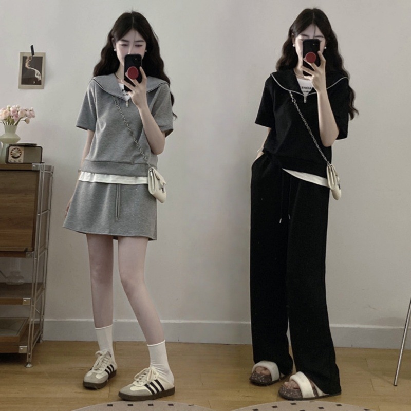 大码休闲运动套装女夏季微胖mm时尚假两件上衣半身短裙裤子两件套