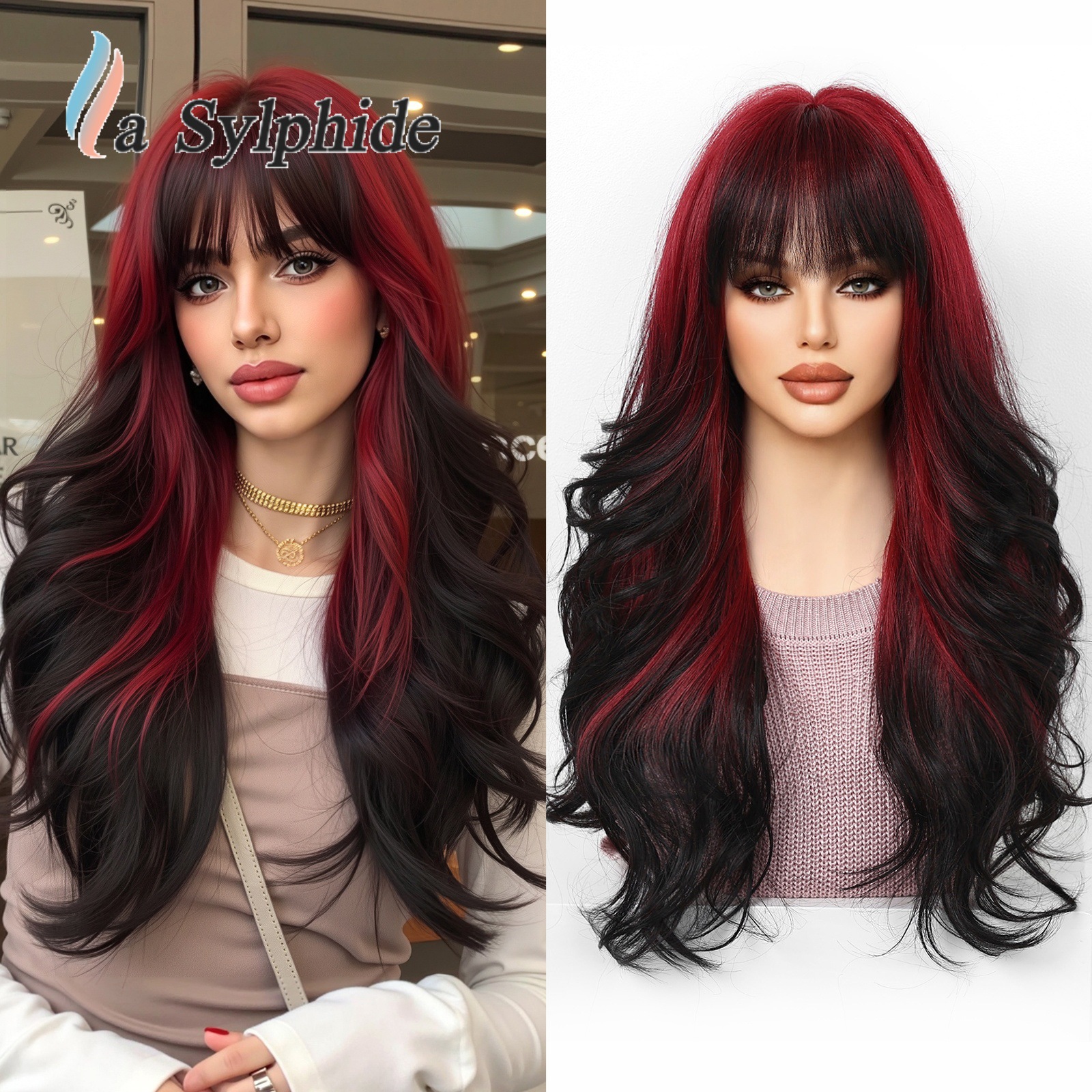 Cos European and American Wig Female Full Headgear Burgundy Gradient Full Bangs High Temperature Silk Long Curly Hair Halloween Party Wig