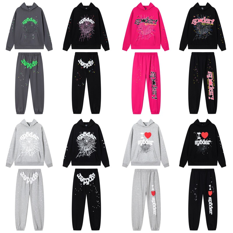 Cross-Border Sp5Der American Street Spider Web Letter Fleece Hoodie Men and Women Loose Sweatshirt and Sweatpants Set Trendy Cross-Border Sp5Der American Street Spider Web Letter Fleece Hoodie Men and Women Loose Sweatshirt and Sweatpants Set Trendy