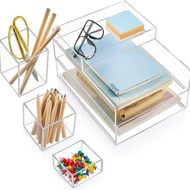 6件透明亚克力桌面收纳架和配件套装 2 个可堆叠的文件托盘收纳盒