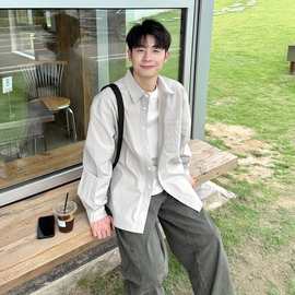 灰色翻领长袖衬衫男生2026新款春秋外搭纯色衬衣宽松工装休闲外套