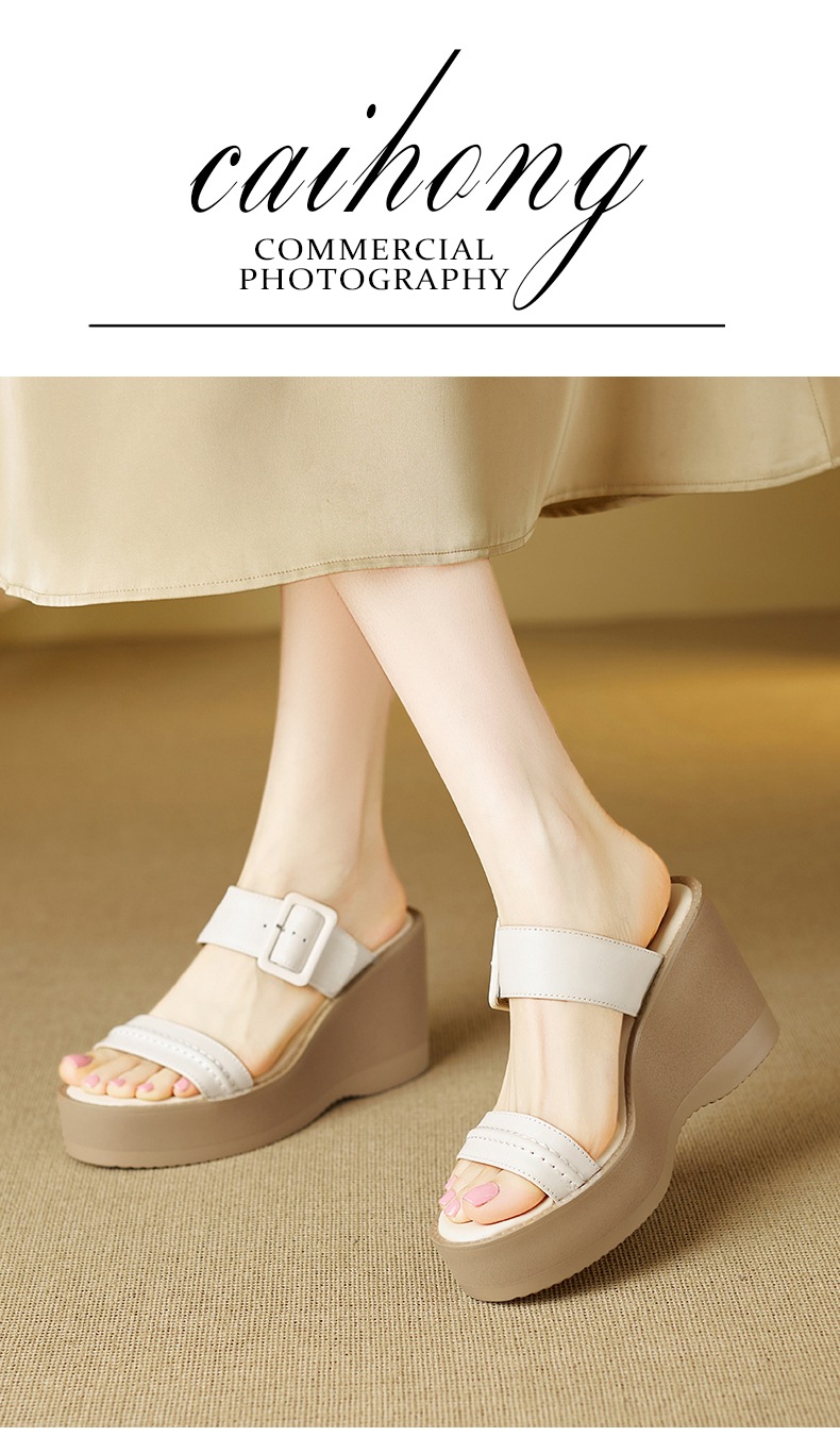 Sandal cao gót nữ hở mũi đế xuồng da bò quai một chữ thắt nút — màu trắng ngà chi tiết 2