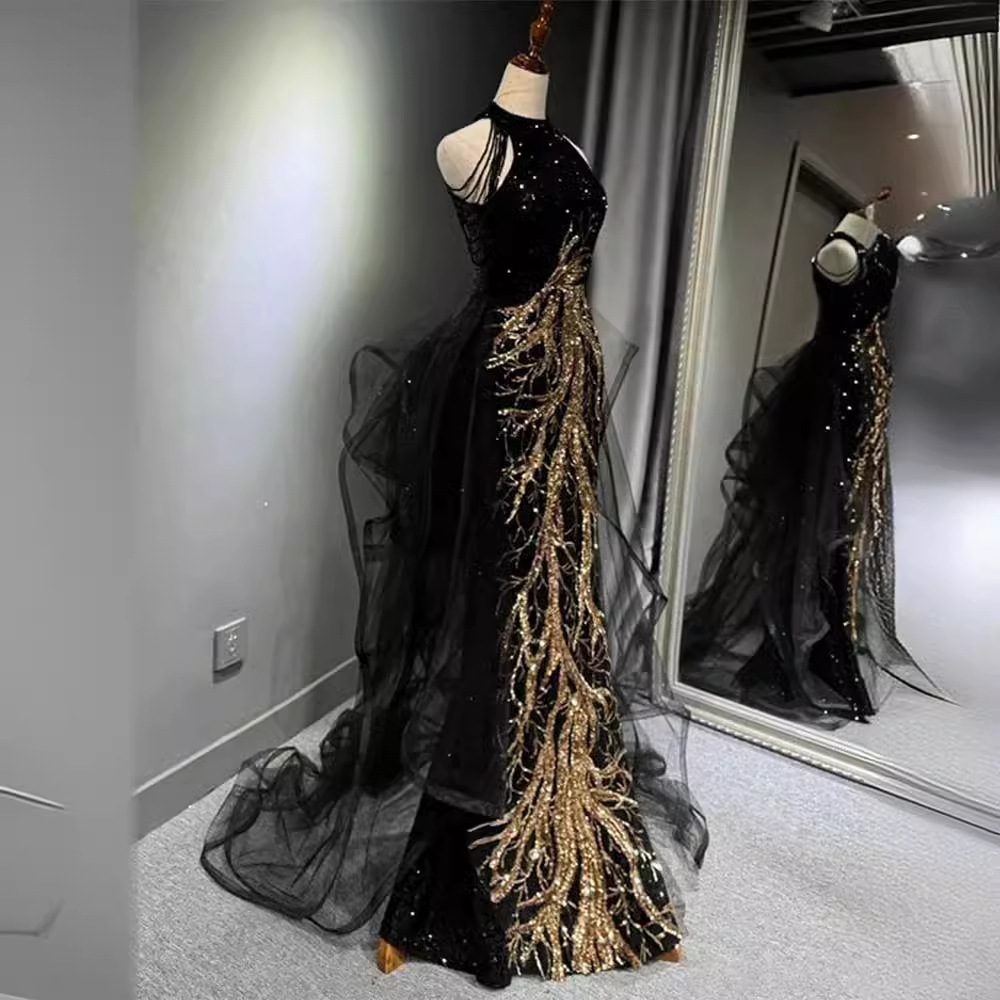 Nuevo vestido de noche negro de alta calidad temperamento delgado celebridad anfitriona vestido de bodas de cauda de pescado colgado vestido de brindis de otoño