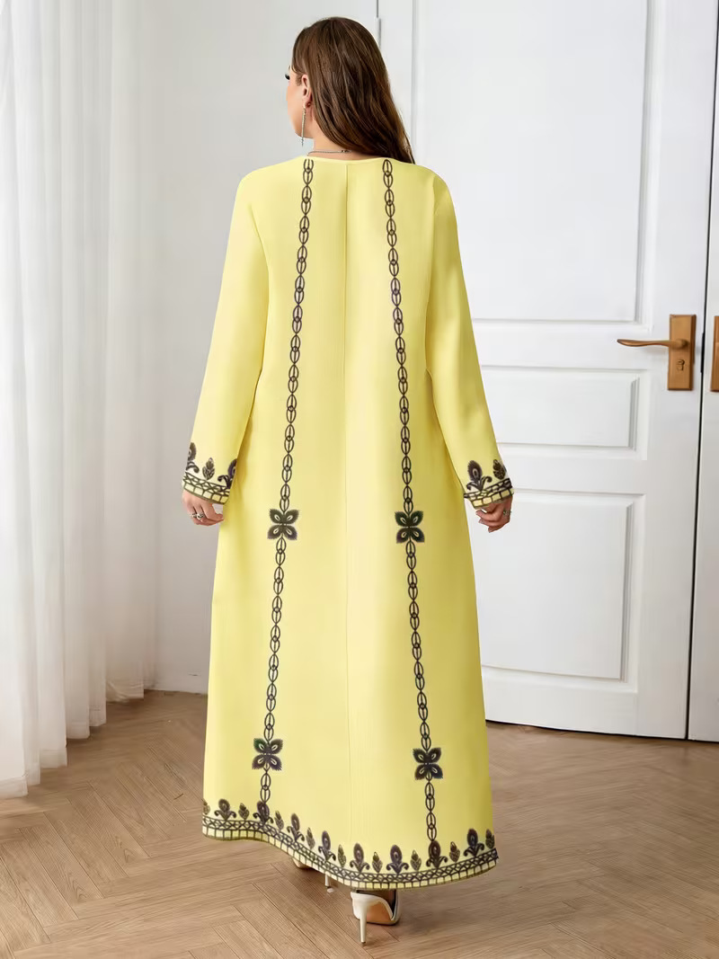 Middle Eastern Cross-border Muslim Women's V-neck Printed Loose Elegant Robe Ethnic Style Long-sleeved Dress Custom-made_ecoleips.com