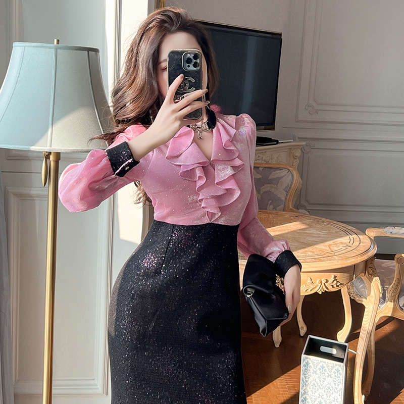 晚会礼服2025秋装新款名媛气质荷叶边领收腰撞色包臀连衣裙21032