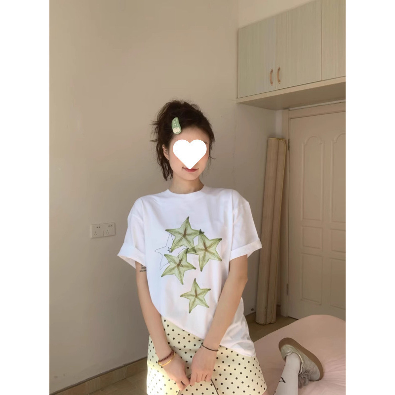 韓国ニッチホワイト半袖シャツ女性の夏楽しいタネギプリントルーズカジュアルヘビーウェイトコットントップ|undefined