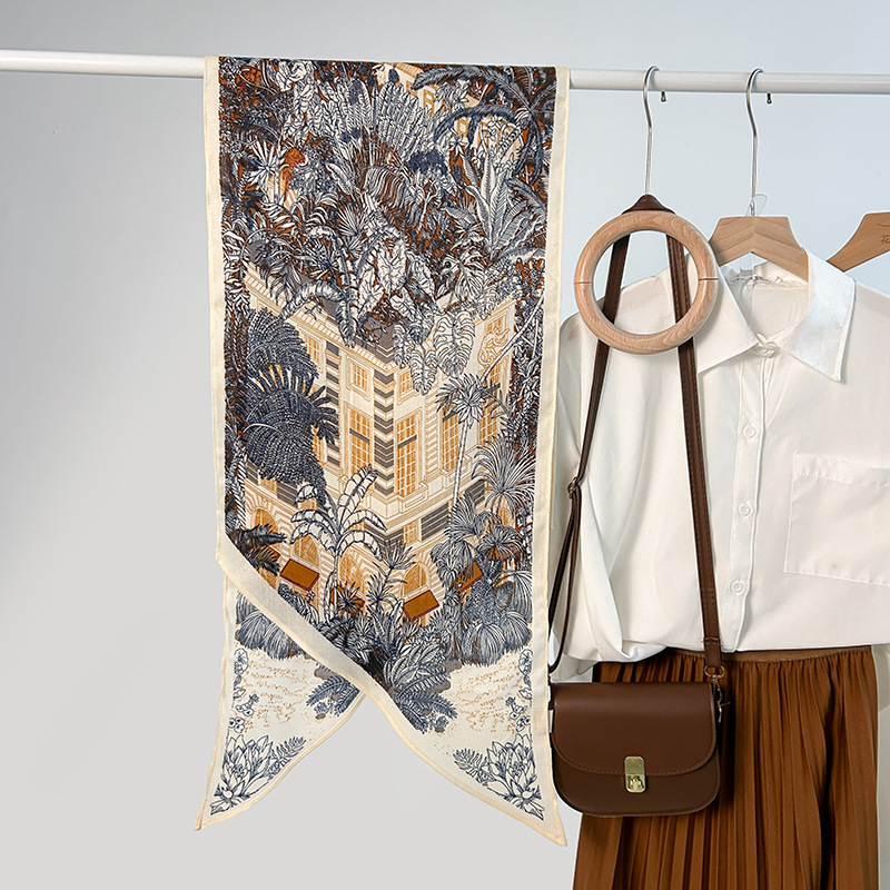 Estilo coreano nueva bufanda paralela bufanda de seda de imitación primavera y otoño damas estilo fino de alta gama planta bufanda con estampado de flores