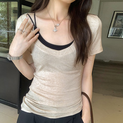 売れ筋テンセルウール薄手微透けローネック右肩半袖Tシャツレディース2025夏新作日焼け止めボトリングシャツ