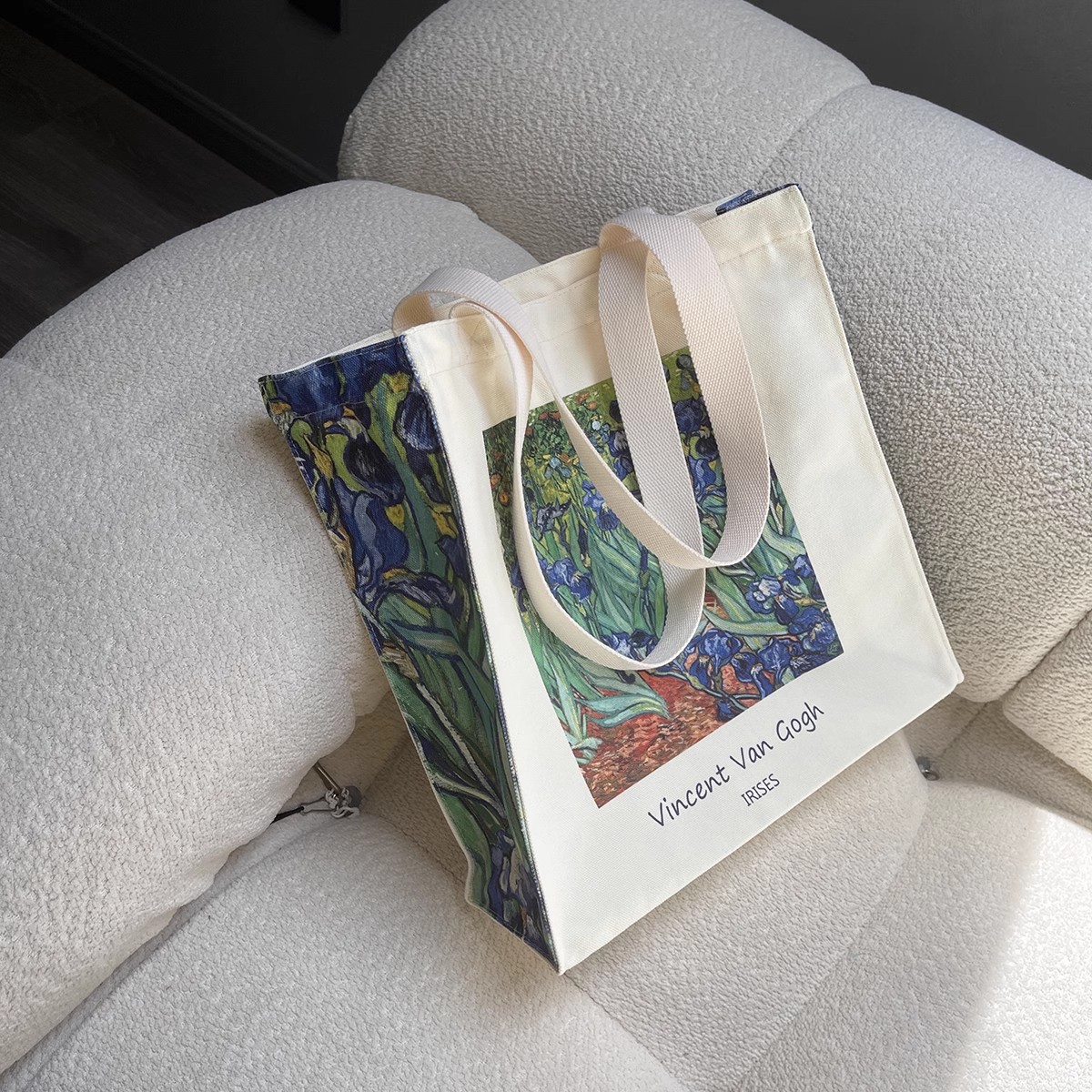 梵高鸢尾花油画帆布袋单肩拉链托特包学生上课书包通勤大容量女包