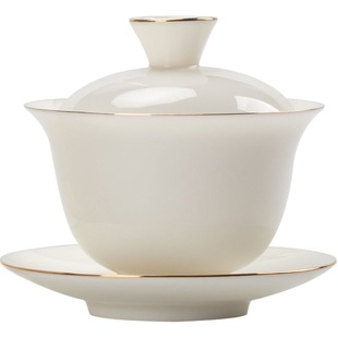 Dehua sheep fat jade white porcelain three-piece cover Bowl single set pure white gold high-end home living room Office Small size tea making