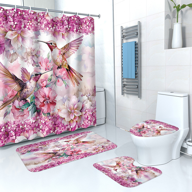 Hummingbird Plant Flower Shower Curtain Floor Mat Four-piece Set Home Bathroom Dry and Wet Separation Partition Shower Curtain Waterproof Shower Curtain