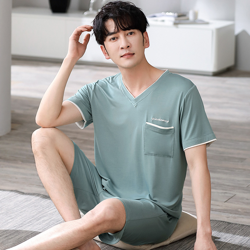 Summer Modal pajamas men short sleeve shorts Korean version simple solid color home wear youth crewneck summer set