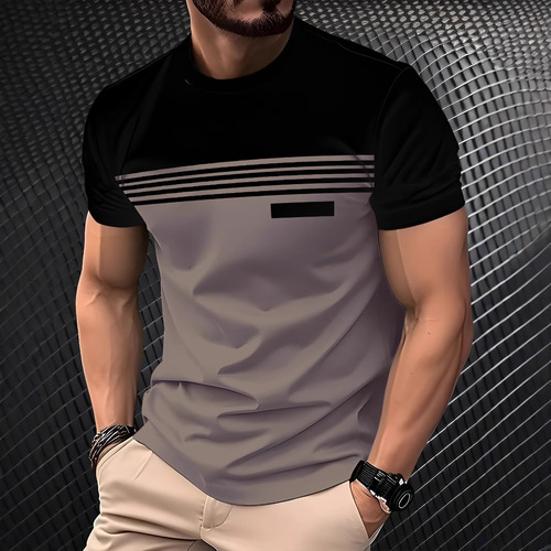 20253D Digital Printing Summer Men's Casual Versatile Trendy Fashion Color-blocked Short-sleeve Round Neck T-shirt