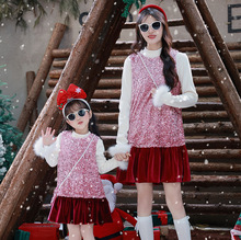 一起玩亲子装冬季新款女童韩版亮片背心连衣裙加绒圣诞节连衣裙