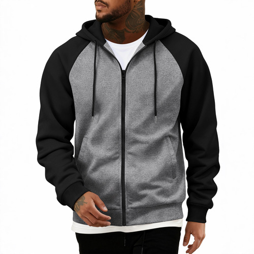 Autumn and winter new arrival: color-block zip-up cardigan, fleece-lined hoodie for men, plus-size casual hooded top, men's clothing.