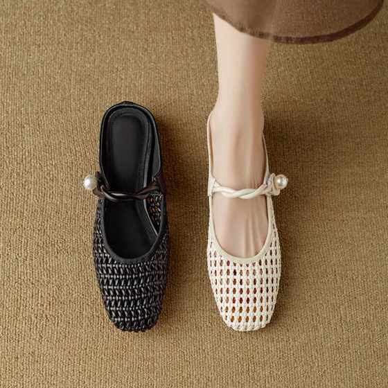 Giant Comfortable ~ Low Heel Woven Hollow Breathable Baotou Sandals and Slippers 2025 Summer All-match Thick Heel Fairy Mueller Shoes