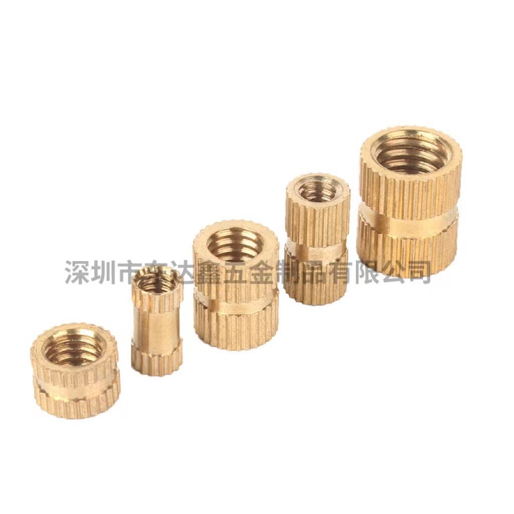 工厂工型铜花母注塑滚花螺母铜预埋件铜镶嵌件直纹双通M2-M2.5-M3