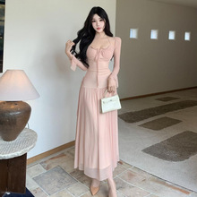 6822东南亚跨境外贸女装批发纯欲性感度假风喇叭袖网纱连衣裙长裙