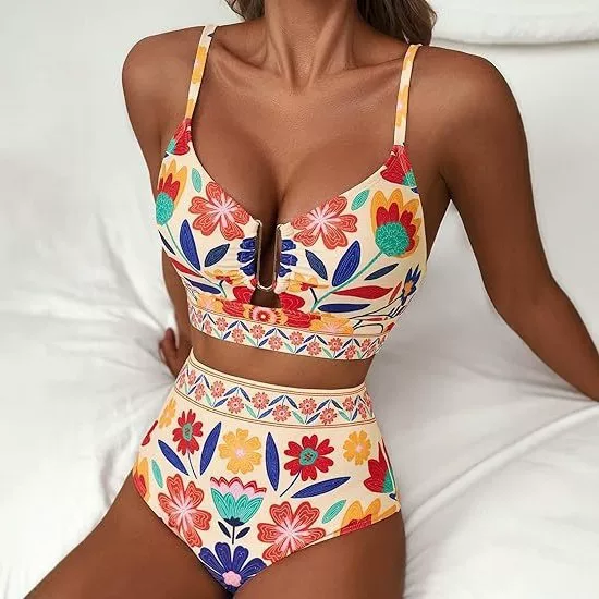 2026 Cross-Border Amazon Aliexpress European and American Women's Fashion Printed Sexy High-Waisted Tummy Control Bikini Beachwear