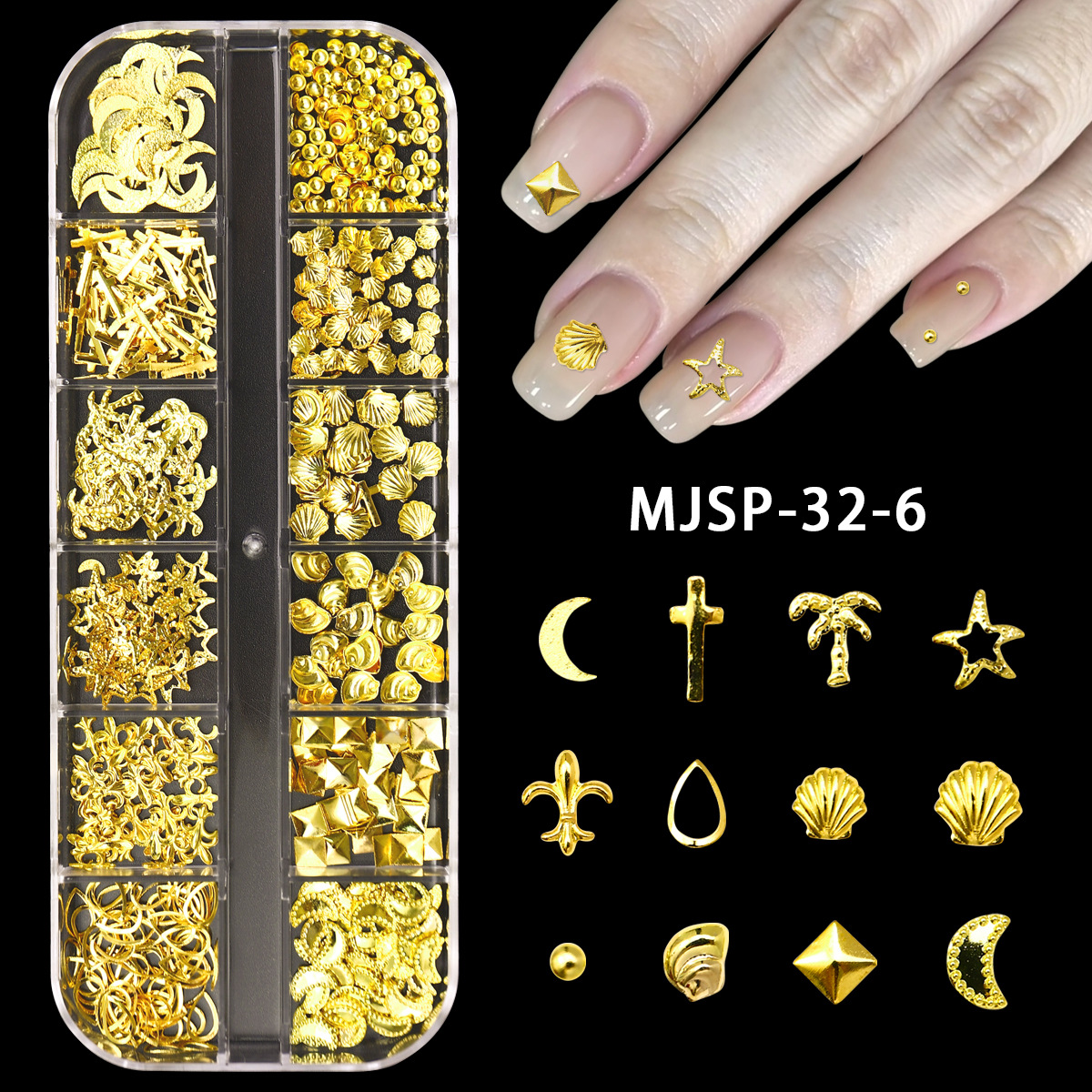 Accesorios de uñas 12 rejilla caja grande remache de uñas material de metal lentejuelas mezclar y combinar DIY especial en forma de parche de uñas Decoración