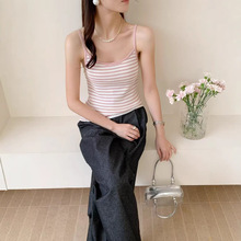 撞色条纹辣妹抹胸吊带背心女夏季新款性感高腰露背短款无袖上衣潮