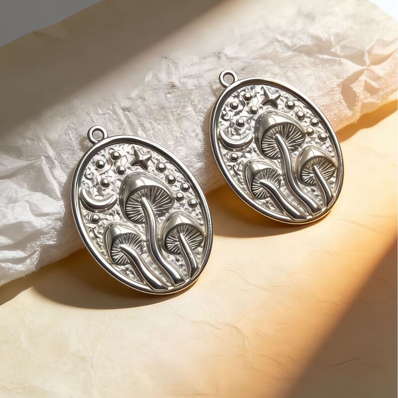 Vintage Stainless Steel Star and Moon Mushroom Oval Pendant with Embossed Fantasy Totem Ornament Accessory