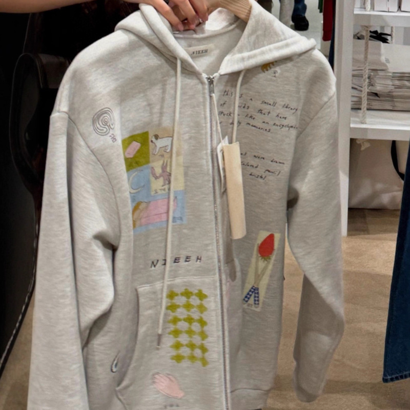 Special Offer, No Returns or Exchanges/Ni*Eh Cartoon Fun Illustration Printed Hooded Sweatshirt Zipper Jacket Long-Sleeved Coat with Thin Fleece