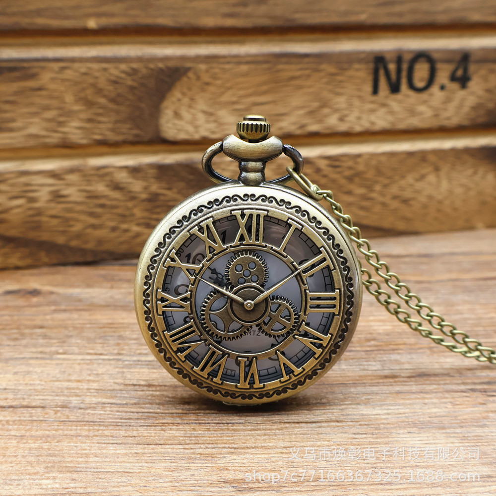 New Roman Gear Pocket Watch High-Value Flip Cover Necklace Jewelry Watch Wholesale Cross-Border Hollow Pocket Watch